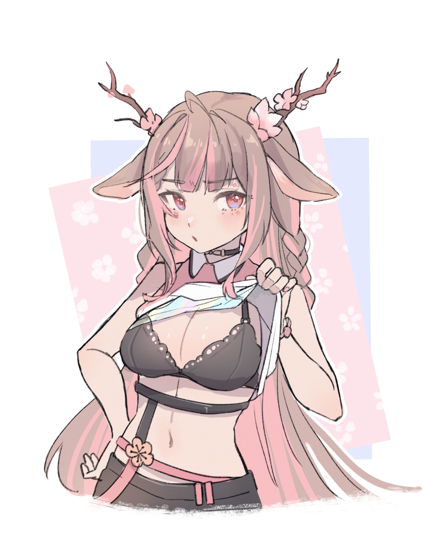 1girl, absurdres, ahoge, animal_ears, antlers, black_bra, black_choker, bra