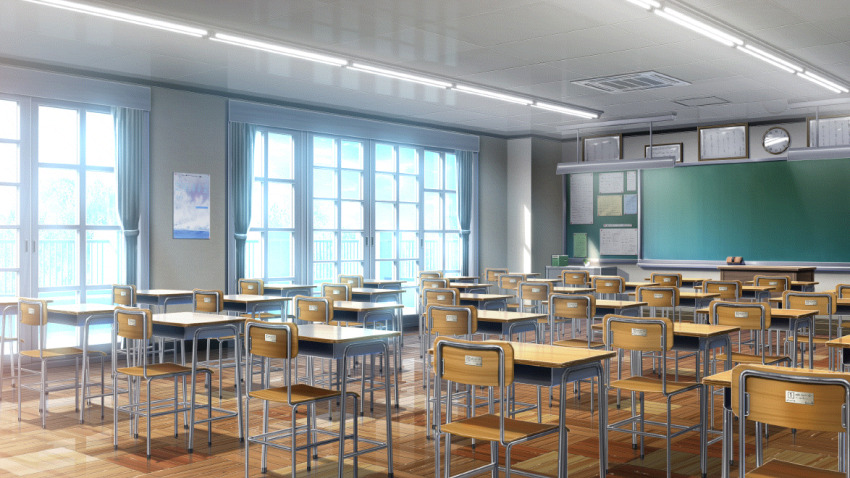 analog_clock, bulletin_board, chalkboard, classroom, clock, curtains, day, desk