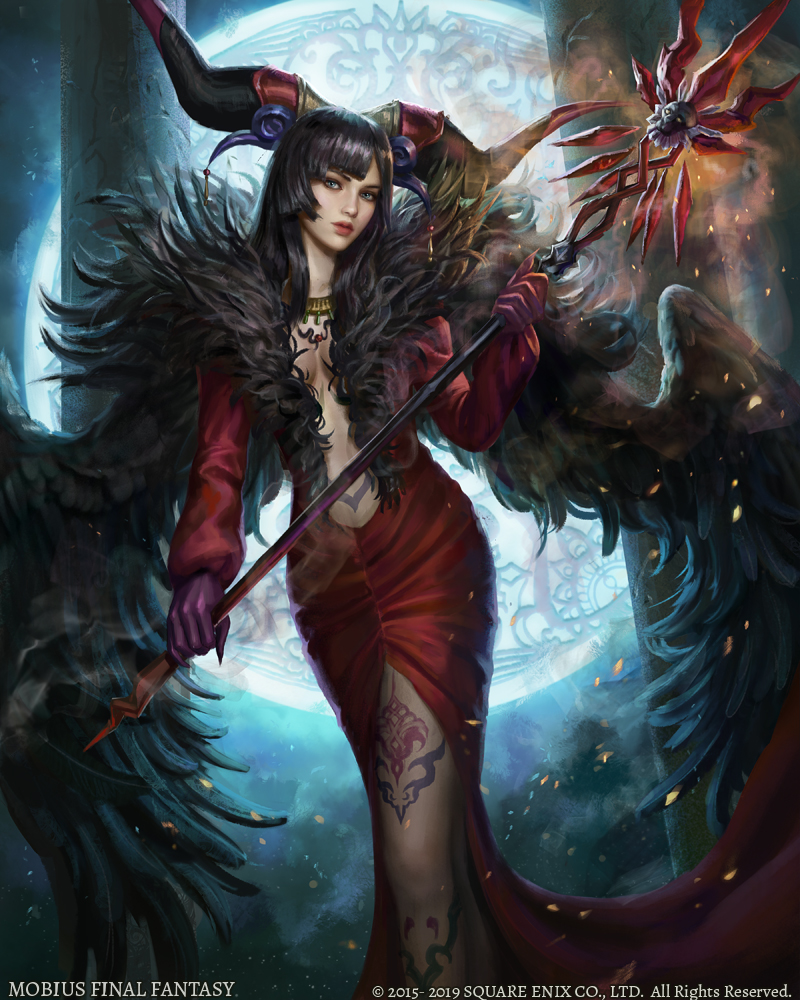 aura, bare_legs, black_hair, black_wings, breasts, cleavage, corruption, cosplay