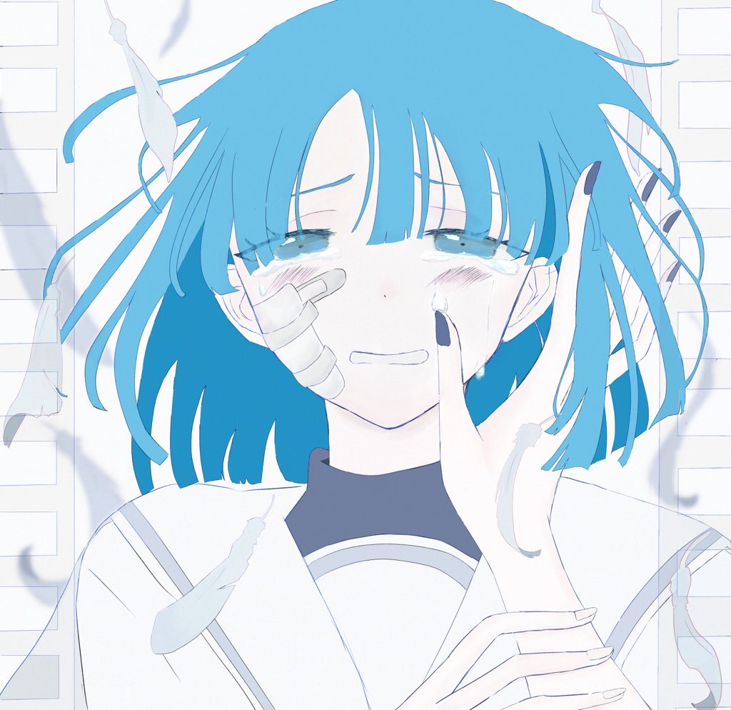 2girls, ado_(utaite), akuru-chan_(ado), bandaid, bandaid_on_face, blue_eyes, blue_hair, cloud_nine_inc, commentary, crying, crying_with_eyes_open, eien_no_akuru_hi, falling_feathers, feathers, floating_hair, hand_on_another's_face, multiple_girls, open_mouth, pikako_(piikapikapikaco), sailor_collar, scrape, short_hair, solo_focus, tears, upper_body, white_sailor_collar