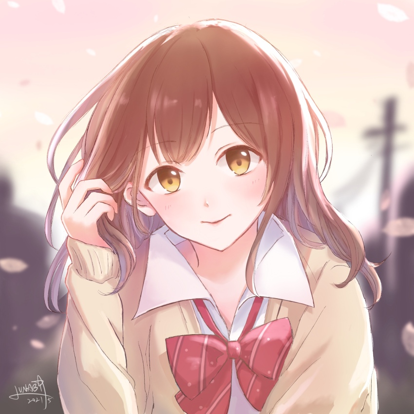 1girl, blurry, blurry_background, blush, bow, bowtie, brown_cardigan, brown_hair, cardigan, closed_mouth, collared_shirt, commentary, dated, dress_shirt, falling_petals, tucking_hair, hige_wo_soru._soshite_joshikousei_wo_hirou., highres, long_hair, looking_at_viewer, lunabi, ogiwara_sayu, petals, red_bow, red_bowtie, school_uniform, shirt, sidelocks, signature, solo, upper_body, variant_set, white_background, white_shirt
