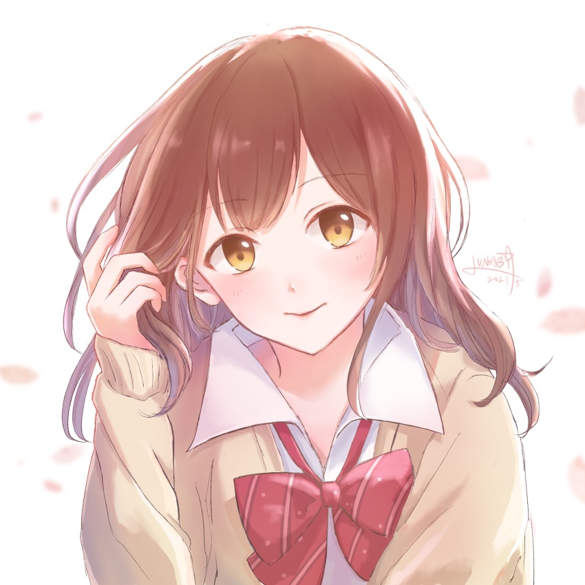1girl, blush, bow, bowtie, brown_cardigan, brown_hair, cardigan, closed_mouth, collared_shirt, commentary, dated, dress_shirt, falling_petals, tucking_hair, hige_wo_soru._soshite_joshikousei_wo_hirou., highres, long_hair, looking_at_viewer, lunabi, ogiwara_sayu, petals, red_bow, red_bowtie, school_uniform, shirt, sidelocks, signature, solo, upper_body, variant_set, white_background, white_shirt