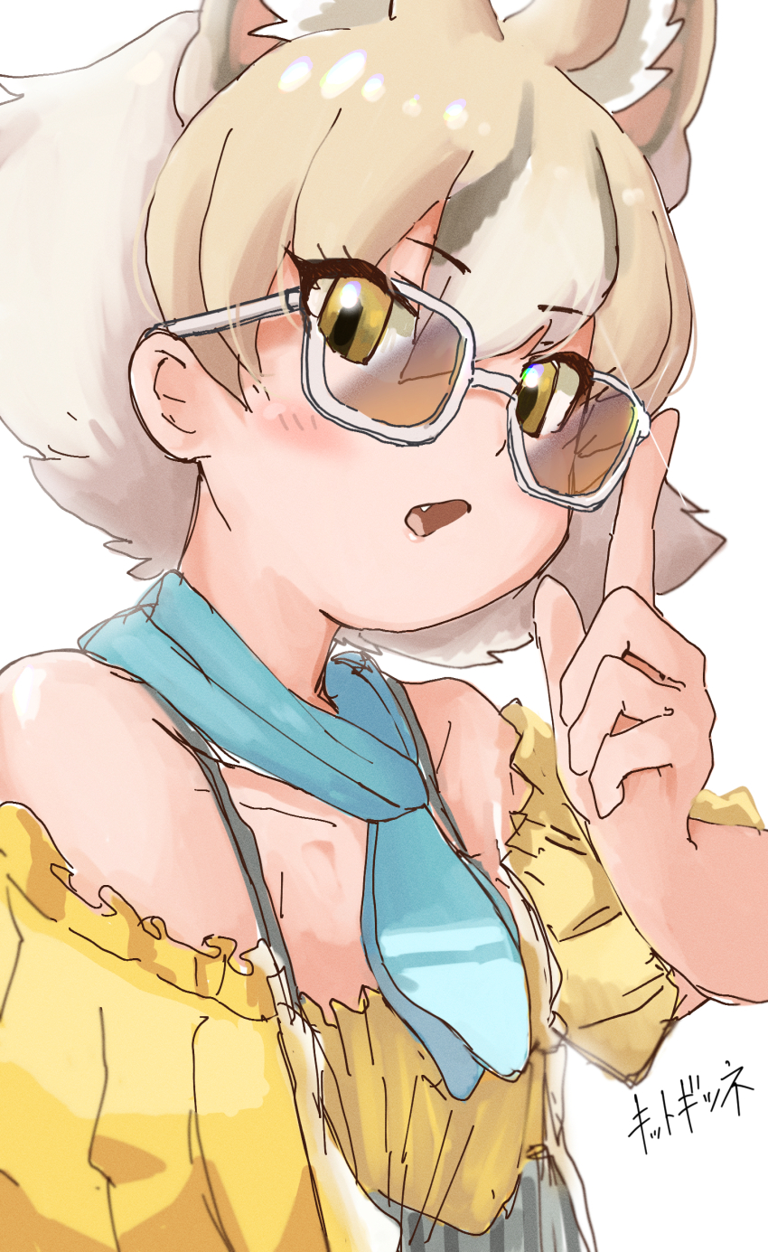 absurdres, alternate_costume, animal_ears, bare_shoulders, blonde_hair, blue_scarf, blush, brown_hair