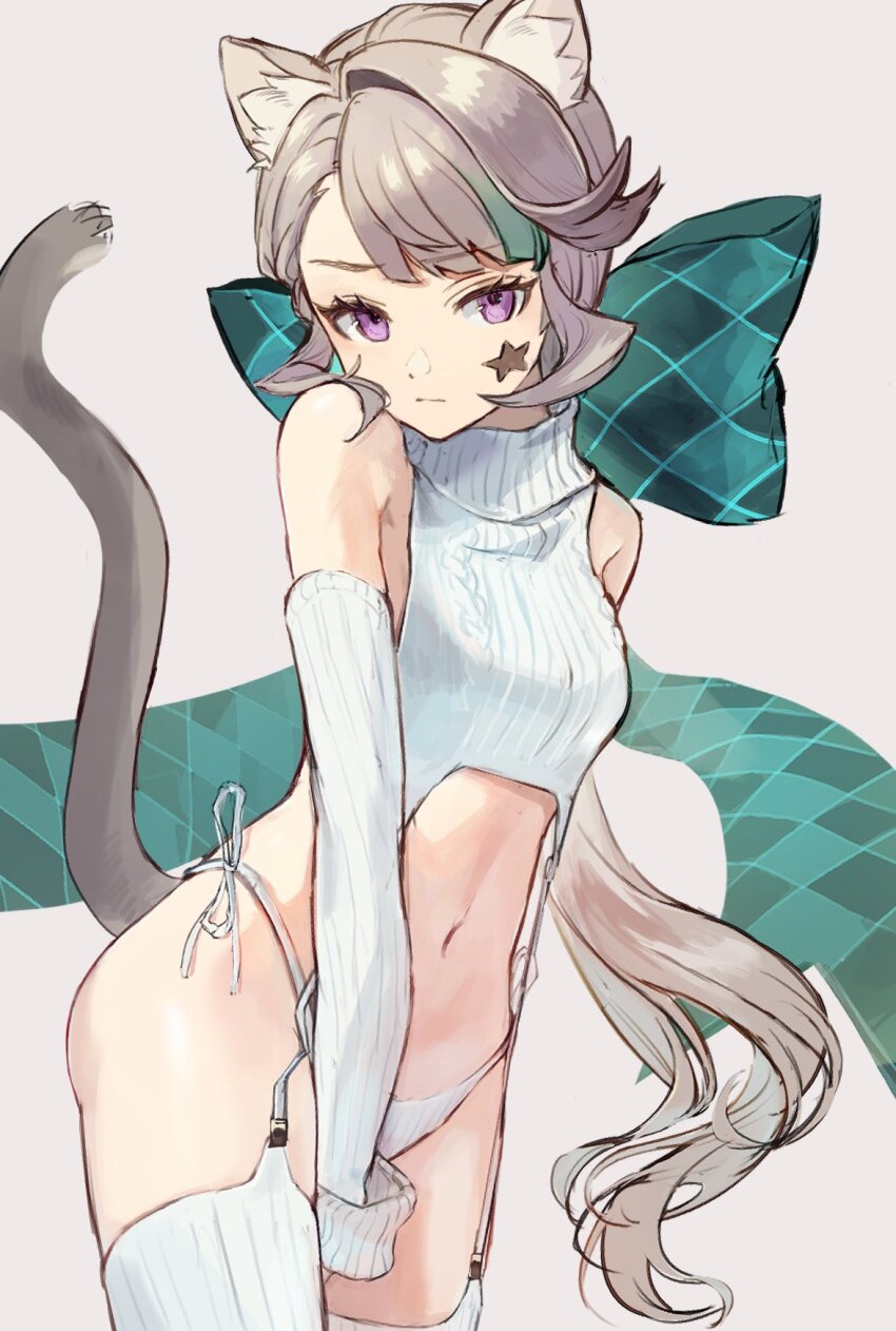 1girl, animal_ear_fluff, animal_ears, asymmetrical_bangs, bare_shoulders, blunt_bangs, bow, cat_ears, cat_girl, cat_tail, closed_mouth, clothing_request, cowboy_shot, detached_sleeves, facial_mark, facial_tattoo, genshin_impact, green_bow, grey_background, hair_bow, highres, huge_bow, light_brown_hair, looking_at_viewer, lynette_(genshin_impact), navel, panties, pink_eyes, ribbed_panties, ribbed_sleeves, ribbed_sweater, ribbed_thighhighs, simple_background, solo, star_(symbol), star_facial_mark, star_tattoo, stomach, sweater, tail, tattoo, thighhighs, underwear, virgin_destroyer_sweater, white_panties, white_sleeves, white_sweater, white_thighhighs, yonaga_tsuki25