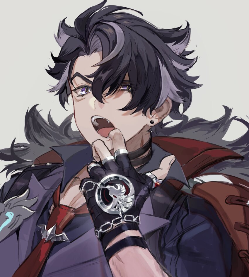 1boy, bandaged_neck, bandages, black_bandages, black_hair, black_shirt, coat, coat_on_shoulders