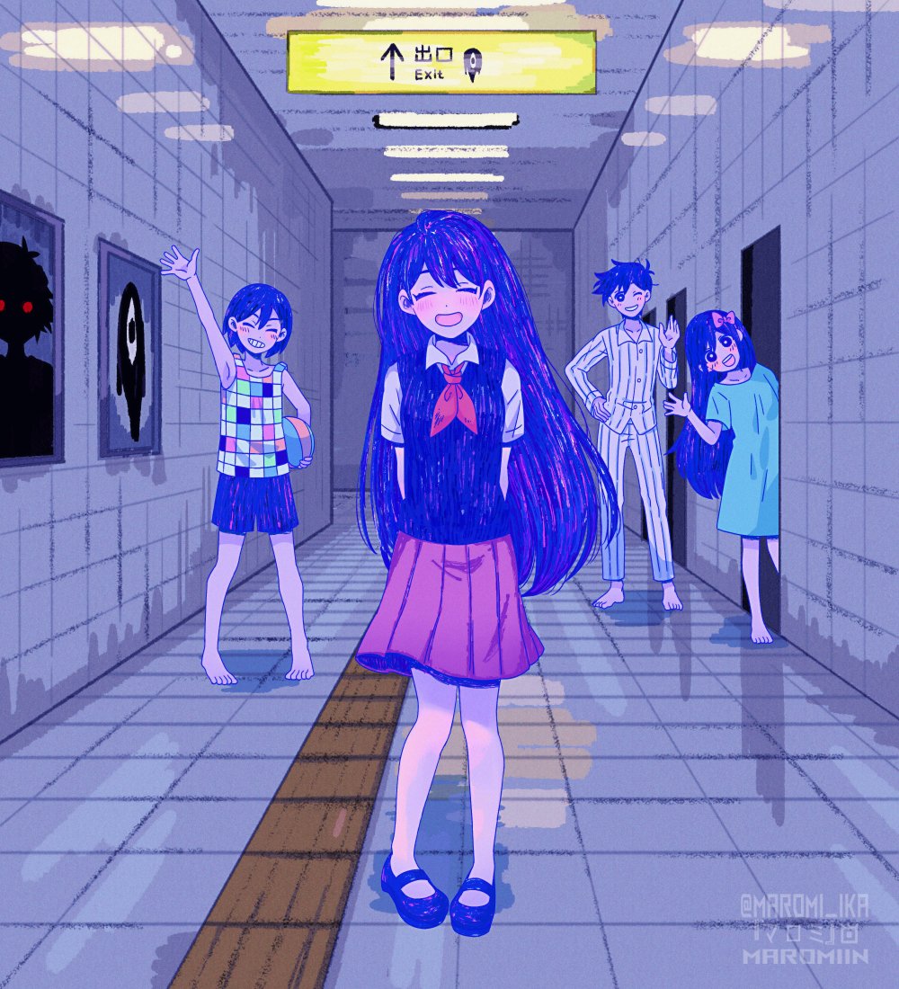 2boys, 2girls, ^_^, aubrey_(headspace)_(omori), aubrey_(omori), barefoot, blue_hair, bow