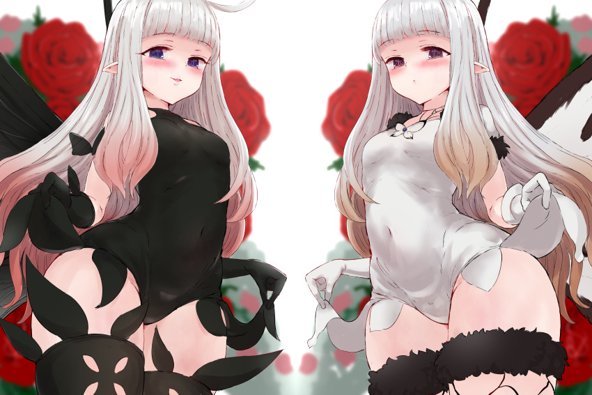 2girls, absurdres, airy_(bravely_default), anne_(bravely_second), antenna_hair, black_gloves, black_leotard, black_thighhighs, blue_eyes, blush, bravely_default:_brilliant_lights, bravely_default:_flying_fairy, bravely_default_(series), bravely_second:_end_layer, breasts, brown_eyes, butterfly_wings, commission, commissioner_upload, covered_navel, fairy, fairy_wings, flower, fur_trim, gloves, groin, gulp5959, highres, insect_wings, leotard, long_hair, looking_at_viewer, multiple_girls, pointy_ears, rose, skeb_commission, small_breasts, smile, thighhighs, thighs, white_gloves, white_hair, white_leotard, wings