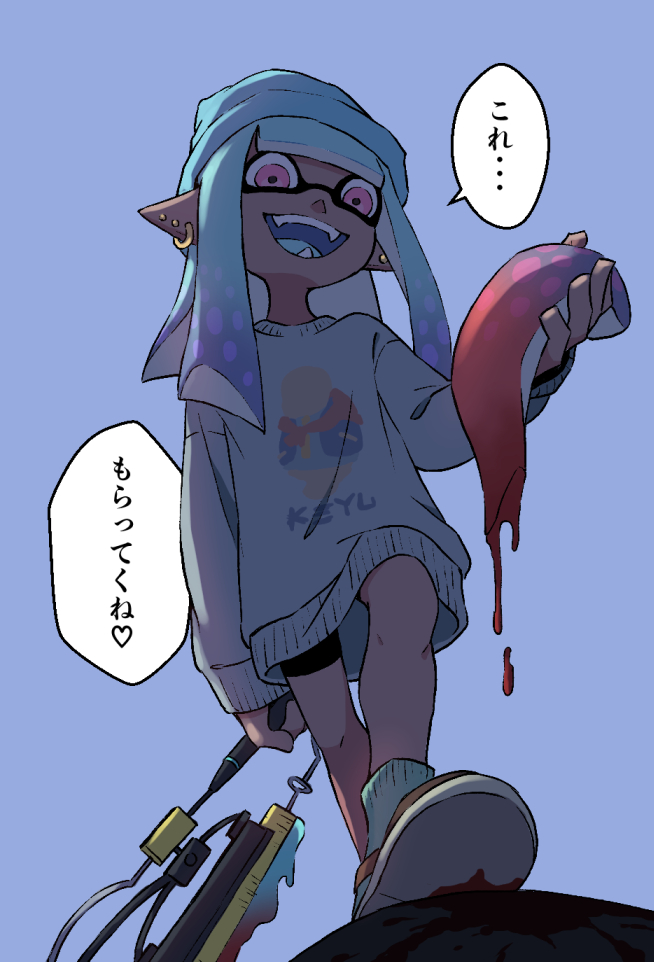 1girl, :d, ambiguous_red_liquid, aqua_socks, beanie, bike_shorts, black_shorts, blue_hair