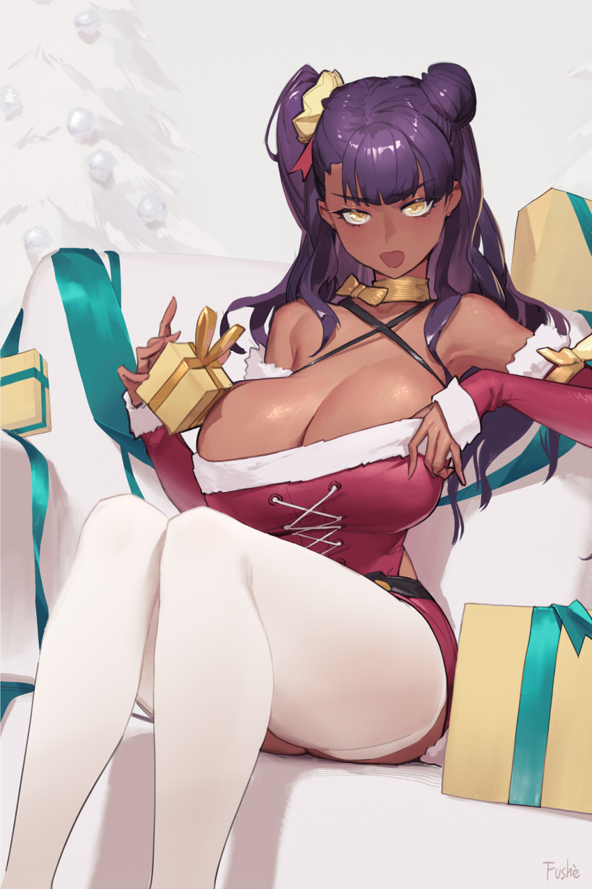 adaku_okoro, adjusting_dress, asymmetrical_hair, bare_shoulders, breasts, choker, christmas, cleavage, clothing_cutout, collarbone, commentary, criss-cross_halter, cross-laced_clothes, cross-laced_dress, dark-skinned_female, dark_skin, detached_sleeves, dress, english_commentary, fur_trim, furrowed_brow, fushe, gift, hair_bun, halterneck, highres, hip_vent, huge_breasts, large_breasts, long_hair, looking_at_viewer, object_on_breast, off-shoulder_dress, off_shoulder, one_side_up, open_mouth, pantyhose, pine_tree, purple_dress, red_dress, ribbon_choker, santa_costume, sitting, snow, strapless, strapless_dress, tan, tatakau_ni_atai_suru, tree, tube_dress, white_pantyhose, yellow_eyes