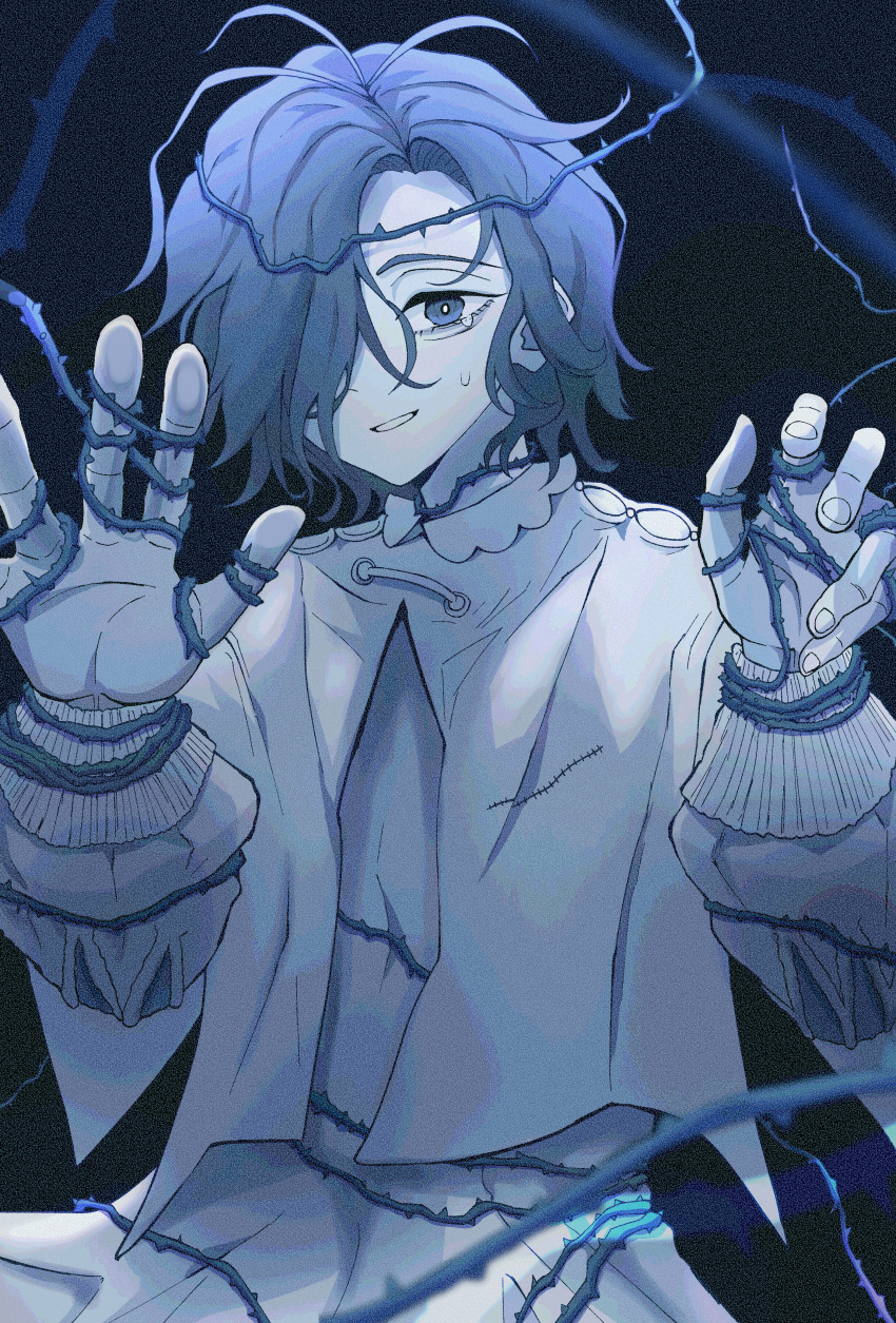 1boy, absurdres, ado_(utaite), blue_eyes, blue_hair, blue_theme, cloud_nine_inc, commentary