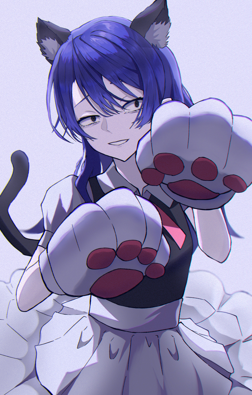 1girl, absurdres, ado_(utaite), animal_ears, animal_hands, atashi_wa_mondaisaku, blue_eyes, cat_ears