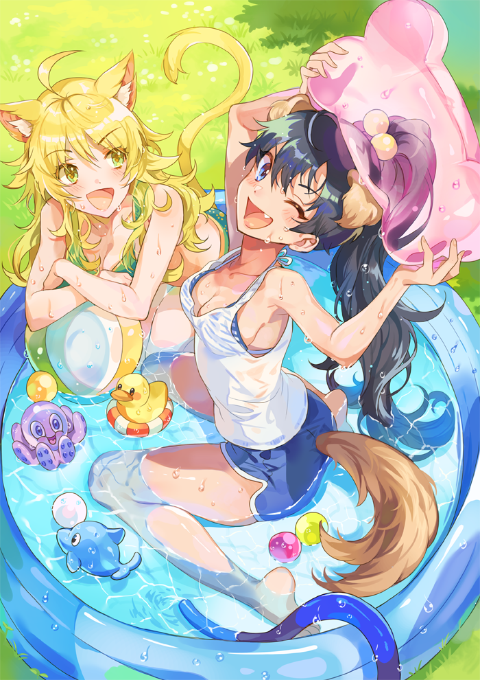 2girls, ahoge, animal_ears, antenna_hair, arms_up, ass, ball, bare_shoulders, barefoot, beachball, bikini, bikini_under_clothes, black_hair, blonde_hair, blue_bikini, blue_eyes, blue_shorts, blush, breasts, cat_ears, cat_tail, cleavage, collarbone, commentary, day, dog_ears, dog_tail, dolphin_shorts, dot_nose, fake_animal_ears, fake_tail, from_above, ganaha_hibiki, grass, green_bikini, green_eyes, hair_bobbles, hair_ornament, holding, hoshii_miki, idolmaster, idolmaster_(classic), idolmaster_million_live!, idolmaster_million_live!_theater_days, inflatable_dolphin, inflatable_duck, inflatable_octopus, inflatable_toy, inzup, large_breasts, leaning_forward, long_hair, looking_at_another, looking_at_viewer, looking_up, medium_breasts, multiple_girls, one_eye_closed, open_mouth, outdoors, ponytail, shirt, short_shorts, shorts, sideboob, sitting, sleeveless, sleeveless_shirt, smile, striped_bikini, striped_clothes, swimsuit, untranslatable_commentary, tail, wading, wading_pool, wariza, wet, wet_clothes, white_shirt