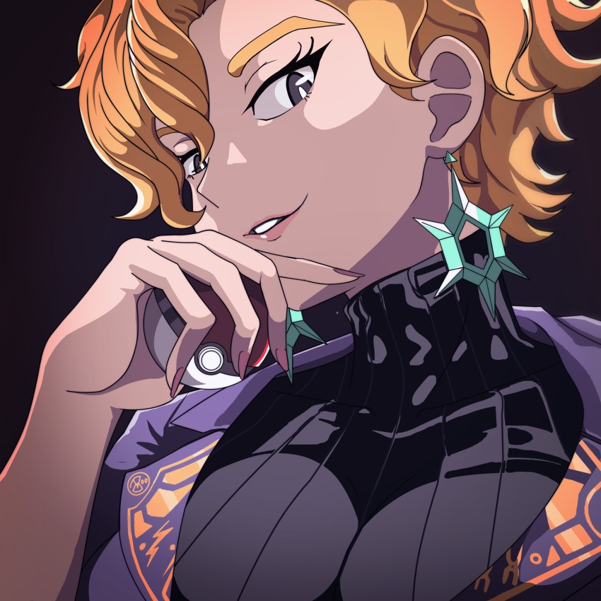 1girl, black_background, black_sweater, blonde_hair, briar_(pokemon), bright_pupils, earrings, eyelashes