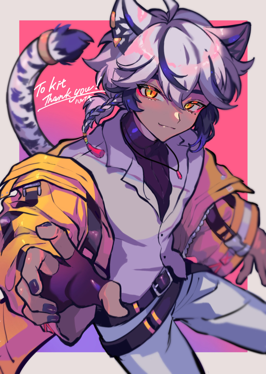 1boy, animal_ears, belt, black_gloves, black_nails, black_shirt, blue_hair, blurry