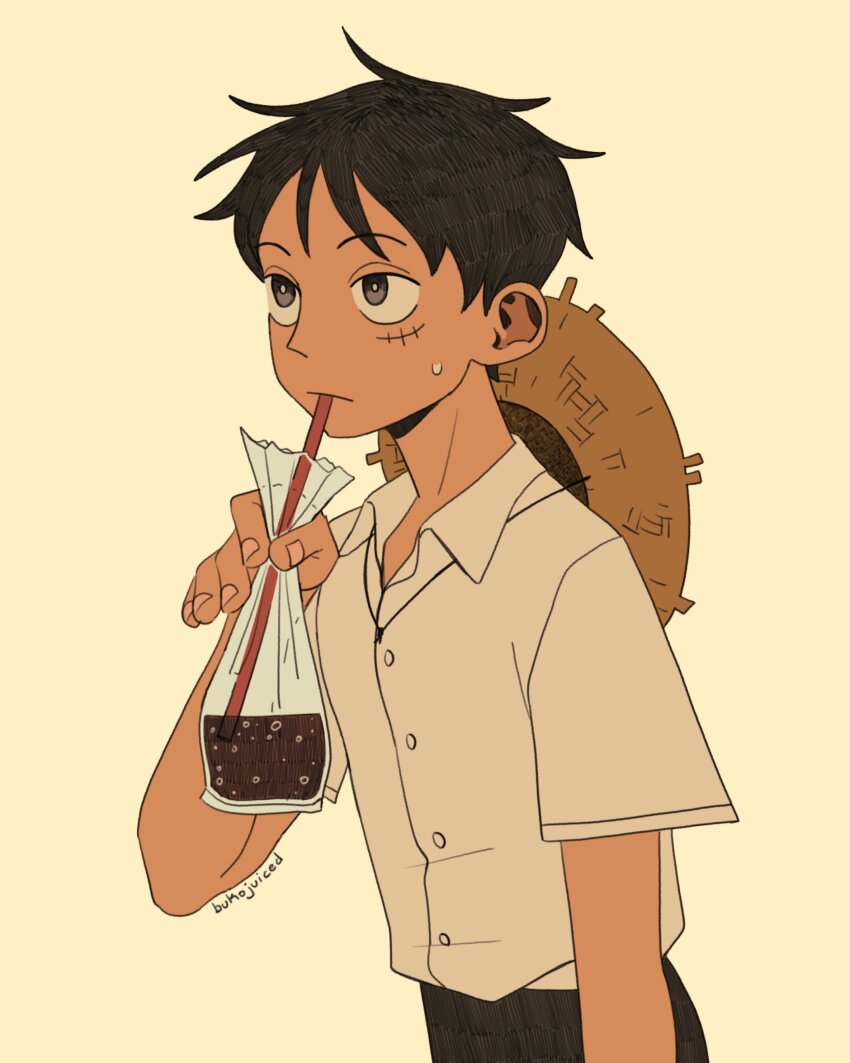 1boy, black_eyes, black_hair, drinking, drinking_straw, drinking_straw_in_mouth, empty_eyes, facial_scar