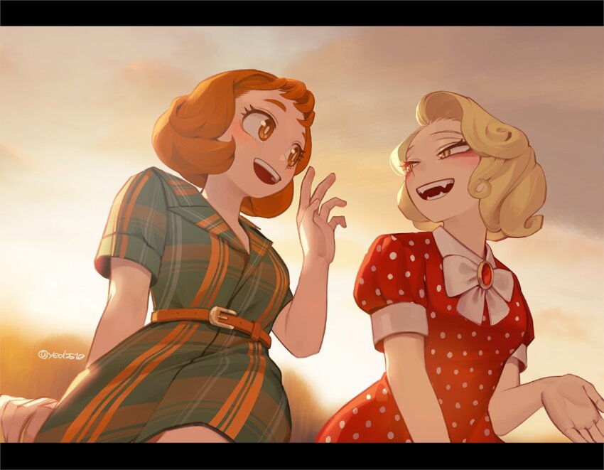 2girls, alternate_costume, blonde_hair, boku_no_hero_academia, bow, brown_eyes, brown_hair, dress, evening, fangs, green_dress, multiple_girls, official_alternate_costume, open_mouth, outdoors, plaid_clothes, plaid_dress, polka_dot, polka_dot_dress, red_dress, slit_pupils, toga_himiko, uraraka_ochako, white_bow, yellow_eyes, yeol2510