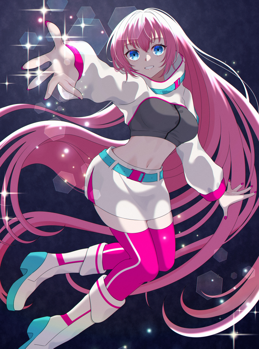 1girl, absurdly_long_hair, absurdres, belt, blue_eyes, boots, crop_top, grin, high_collar, high_heel_boots, high_heels, highres, long_hair, long_sleeves, looking_at_viewer, magical_mirai_luka, magical_mirai_luka_(2023), megurine_luka, midriff, miniskirt, navel, outstretched_arm, pink_hair, reaching, reaching_towards_viewer, rooibos, shrug_(clothing), skirt, smile, sparkle, thighhighs, very_long_hair, vocaloid