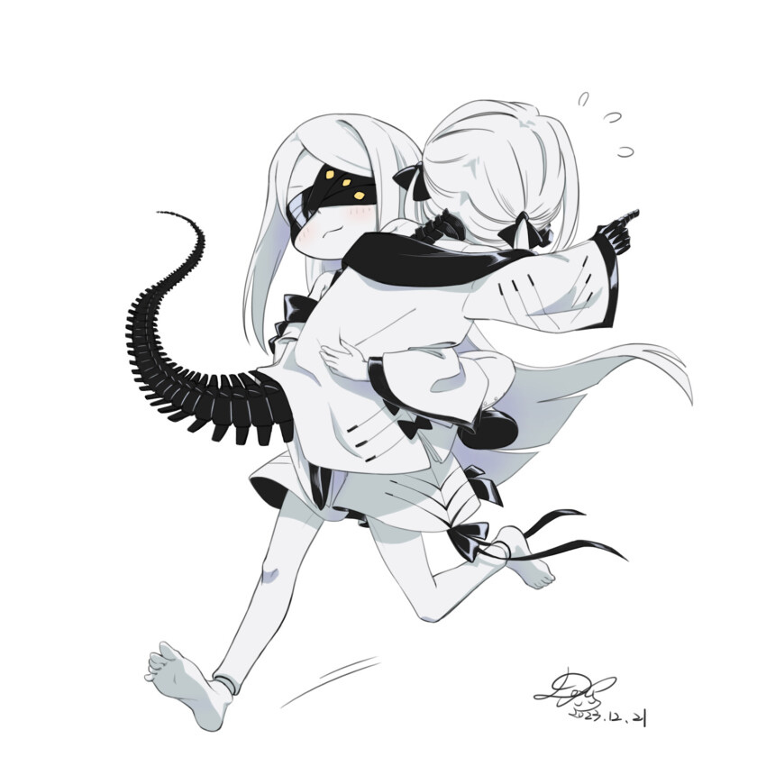 2girls, barefoot, black_tail, blindfold, blue_archive, blush, closed_mouth, coat, colored_skin, covered_eyes, dated, dofus_(icyboon), ein_(blue_archive), flying_sweatdrops, highres, long_hair, long_sleeves, mechanical_hands, mechanical_tail, medium_hair, multiple_girls, ohr_(blue_archive), signature, simple_background, tail, twintails, white_background, white_coat, white_hair, white_skin, wide_sleeves