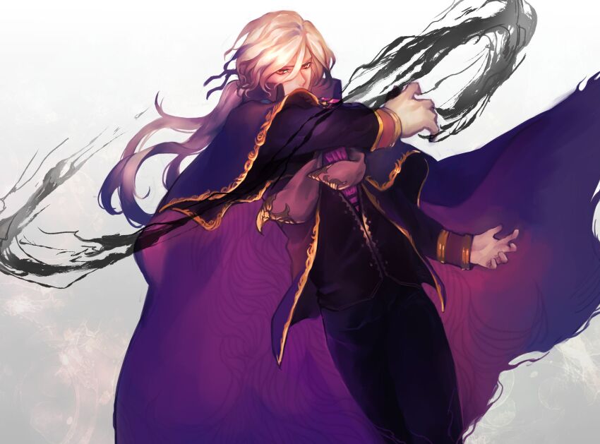 1boy, black_jacket, black_pants, black_vest, blonde_hair, cape, collared_cape, cowboy_shot