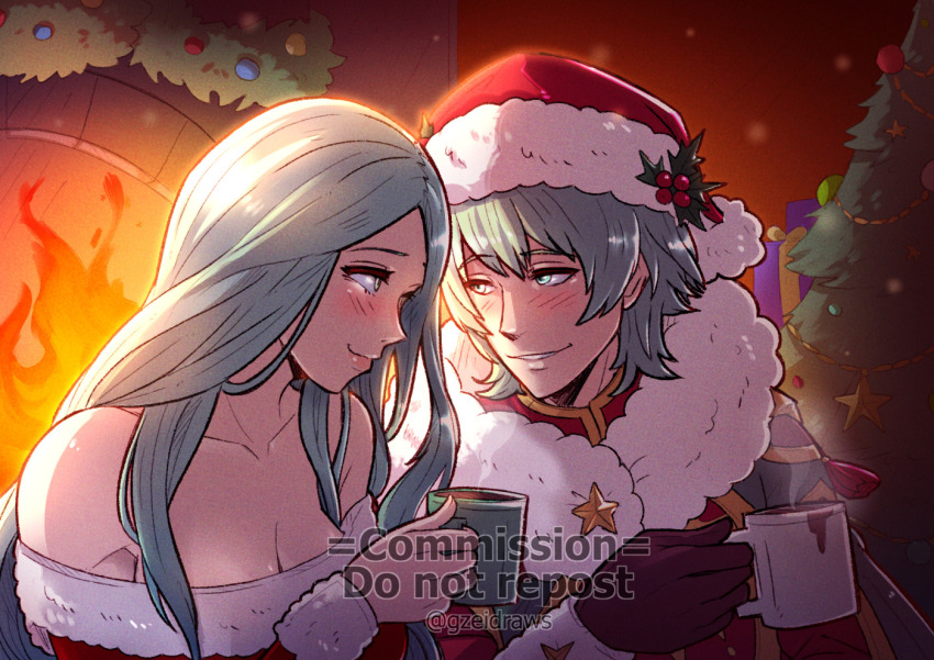 1boy, 1girl, bare_shoulders, blush, breasts, male_byleth_(fire_emblem), male_byleth_(frosty_professor)_(fire_emblem), cleavage