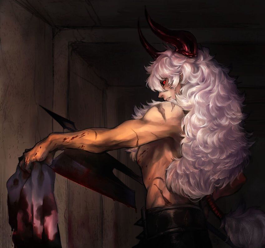 1boy, asterios_(fate), axe, battle_axe, black_sclera, blood, blood_on_chest, blood_on_clothes