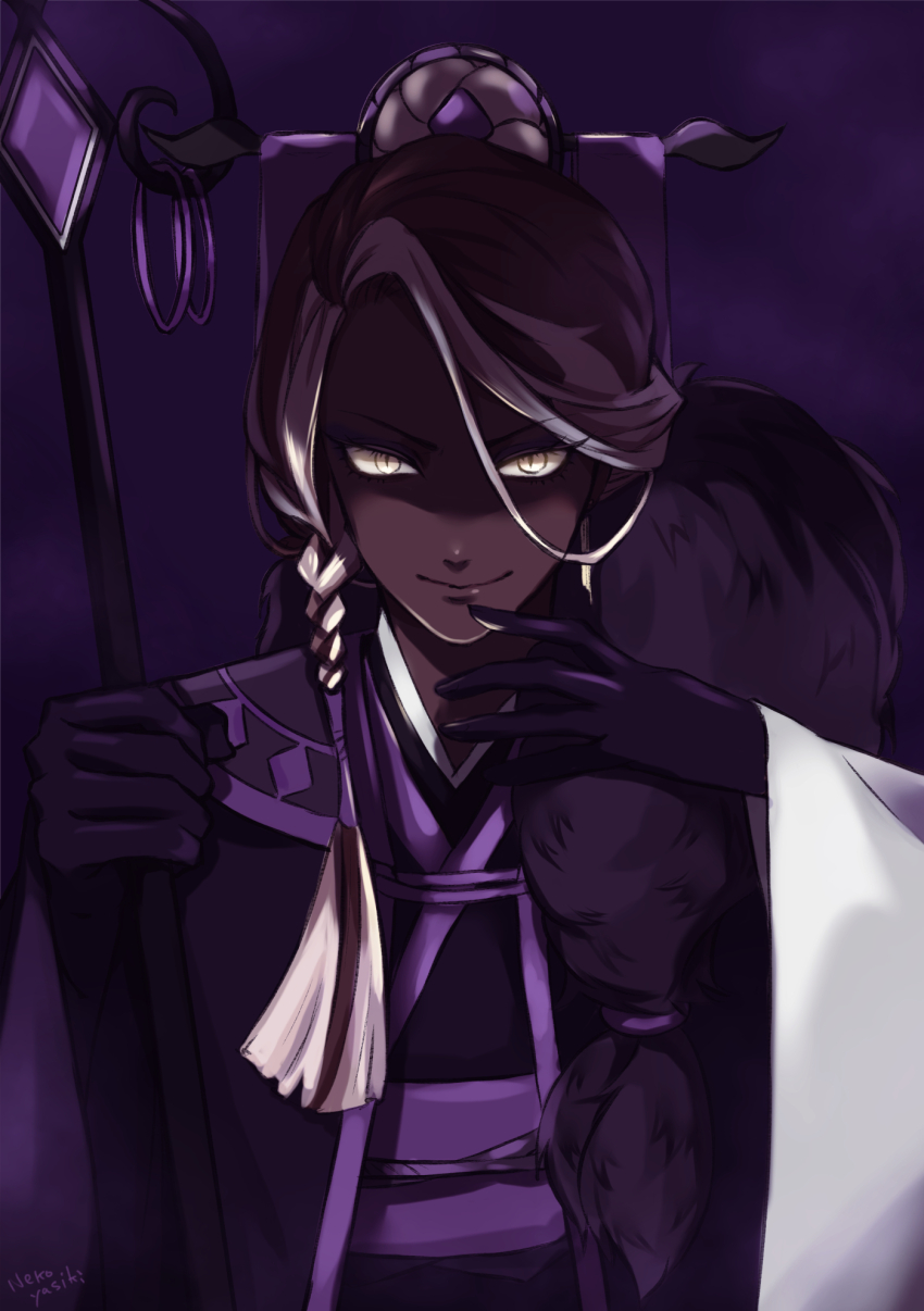 1boy, affogato_cookie, braid, brown_hair, cookie_run, dark-skinned_male, dark_skin, gloves