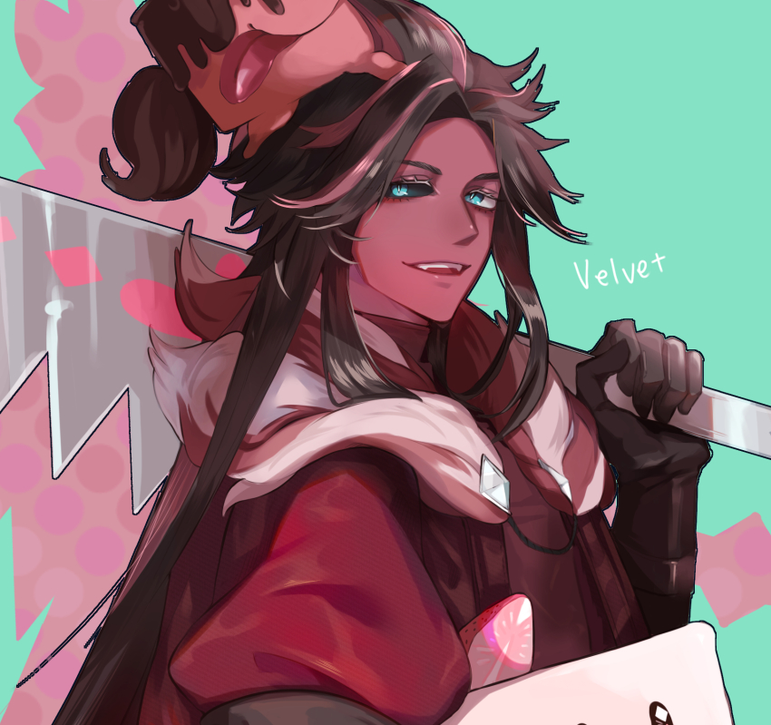 1boy, black_gloves, blue_eyes, blush, brown_hair, cake_hound, choco_cake_hound, colored_eyelashes, colored_skin, cookie_run, cookie_run:_kingdom, cream_cake_hound, elbow_gloves, food-themed_creature, fur_collar, gloves, highres, humanization, long_hair, male_focus, mismatched_eyelashes, multicolored_hair, multicolored_skin, nekoyasiki33, red_hair, red_skin, red_velvet_cookie, single_glove, sword, two-tone_hair, two-tone_skin, weapon