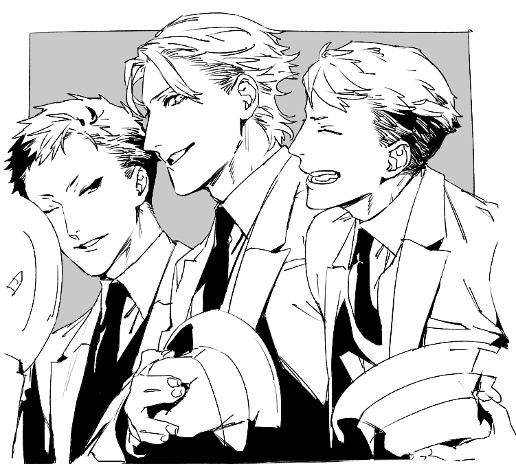 3boys, amari_(joker_game), character_request, check_character, closed_eyes, collared_shirt, commentary_request, greyscale