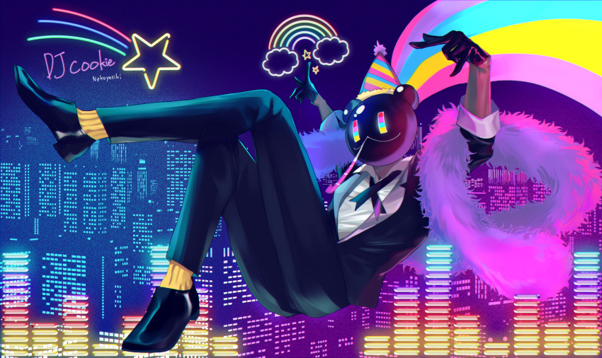 absurdres, bear_mask, black_footwear, black_gloves, character_name, city, city_lights, cityscape