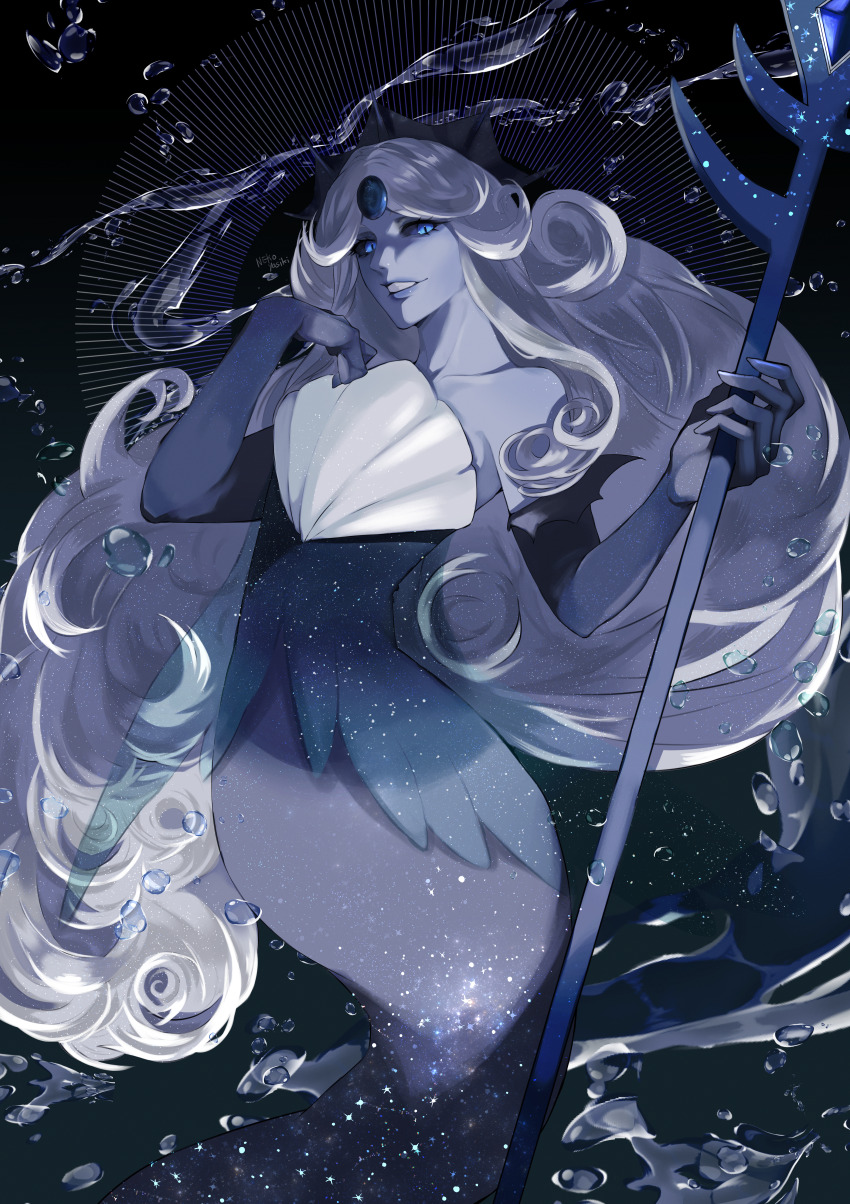 1girl, absurdres, abyssal_ship, arched_back, arm_at_side, arm_up, bad_anatomy, bad_hands, bad_proportions, bare_shoulders, bat_wings, bent_over, black_dress, black_gloves, black_pearl_cookie, blush, blush_stickers, body_blush, breasts, bubble, catching, claw_pose, claws, cleavage, collarbone, colored_skin, cookie_run, cookie_run:_kingdom, crown, curly_hair, dark, darkness, doyagao, dress, elbow_gloves, evil_grin, evil_smile, eyelashes, eyes_visible_through_hair, facial_mark, fangs, fingernails, fins, floating_hair, food, forehead_mark, frown, full-face_blush, full_body, furrowed_brow, gem, giant, giggling, gloves, glowing, glowing_eyes, gradient_background, grey_lips, grey_skin, grin, hair_ornament, hair_over_eyes, hair_pulled_back, hand_on_own_face, hand_up, happy, head_back, head_fins, highres, holding, holding_staff, holding_polearm, holding_weapon, humanization, jewelry, laughing, leaning_forward, lips, long_dress, long_eyelashes, long_fingernails, long_hair, looking_afar, looking_ahead, looking_at_viewer, looking_up, mermaid, monster, monster_girl, multicolored_background, nekoyasiki33, ocean, ojou-sama_pose, open_mouth, parted_bangs, parted_hair, partially_immersed, pearl_(gemstone), polearm, raised_eyebrow, seafloor, seashell, seductive_smile, see-through_clothes, see-through_dress, see-through_silhouette, sharp_fingernails, sharp_teeth, shell, sketch, slit_pupils, small_breasts, small_hands, smile, smiley_face, smirk, smug, sneer, solo, staff, standing, straight-on, strapless, strapless_dress, submerged, teeth, tiara, trident, twisted_torso, twitter_username, two-tone_background, underwater, upper_teeth_only, very_long_fingernails, water, water_drop, waves, wavy_hair, weapon, white_eyes, white_hair, wings