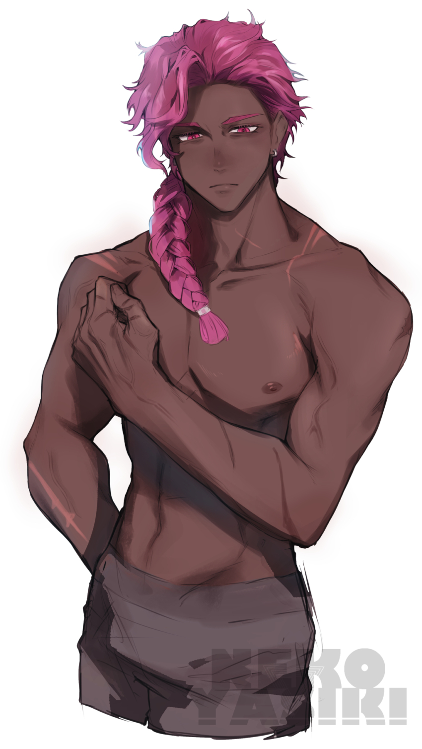 1boy, artist_name, braid, commentary, cookie_run, dark-skinned_male, dark_skin, expressionless, highres, humanization, long_hair, looking_at_viewer, looking_back, male_focus, nekoyasiki33, pants, personification, pink_eyes, pink_hair, single_braid, solo, topless_female, topless_male, wildberry_cookie