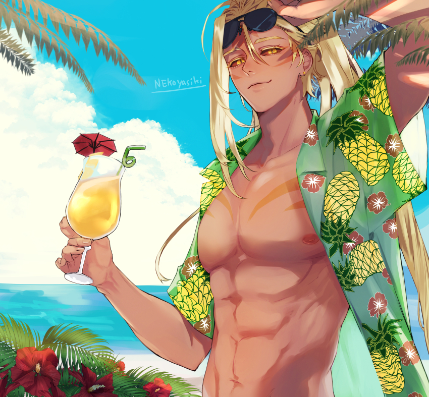 1boy, absurdres, alternate_costume, ananas_dragon_cookie, artist_name, blonde_hair, cloud, cocktail