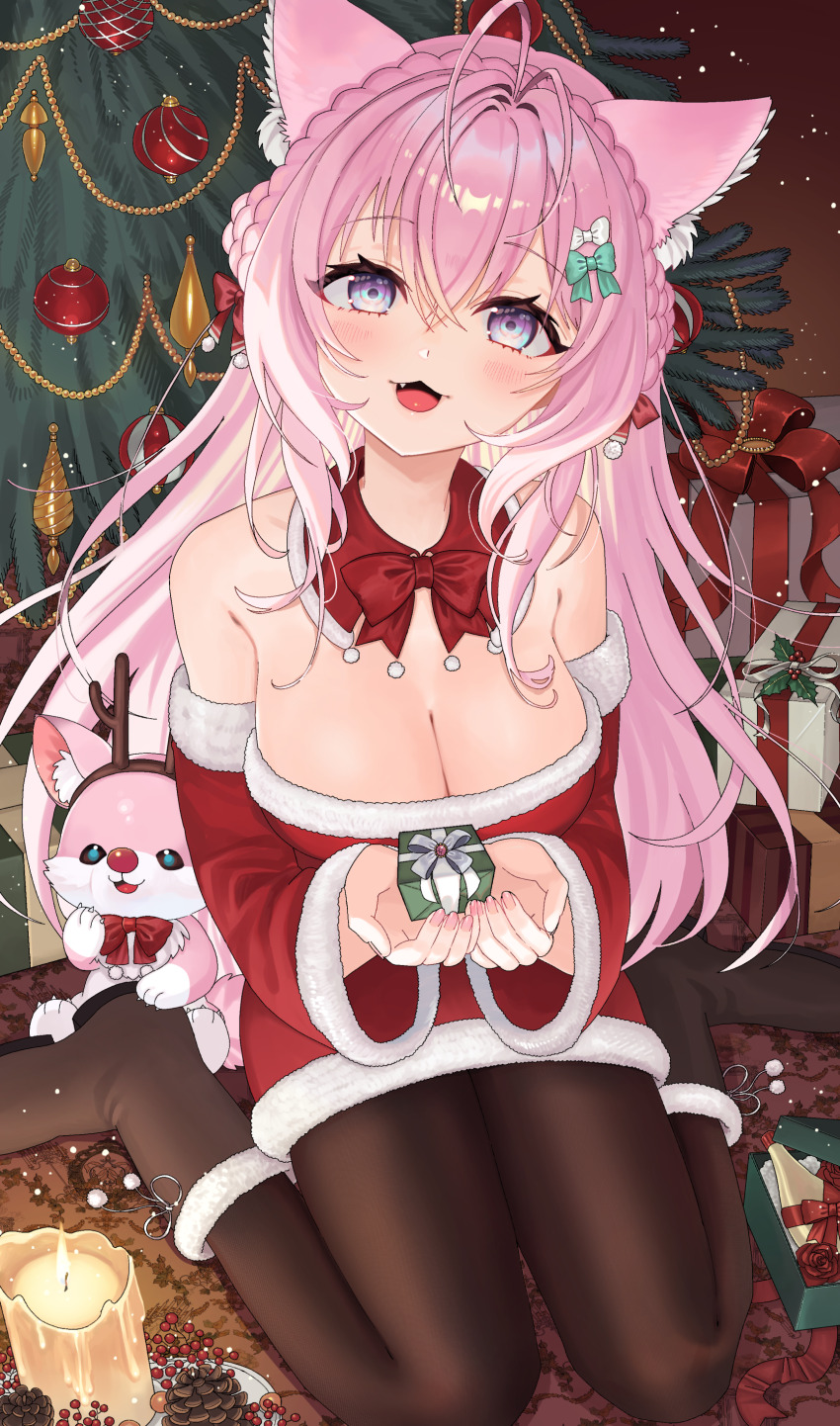 1girl, absurdres, animal_ears, bare_shoulders, braid, breasts, christmas, cleavage