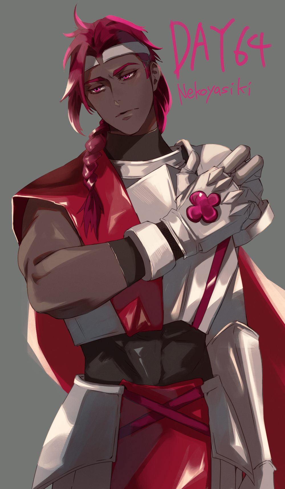 1boy, armor, artist_name, braid, cookie_run, dark-skinned_male, dark_skin, grey_background