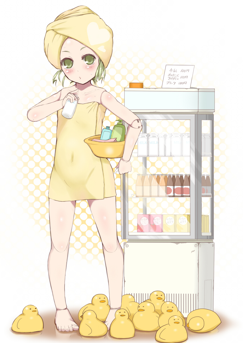 00s, 1girl, barefoot, blush, bottle, covered_navel, doll_joints, feet