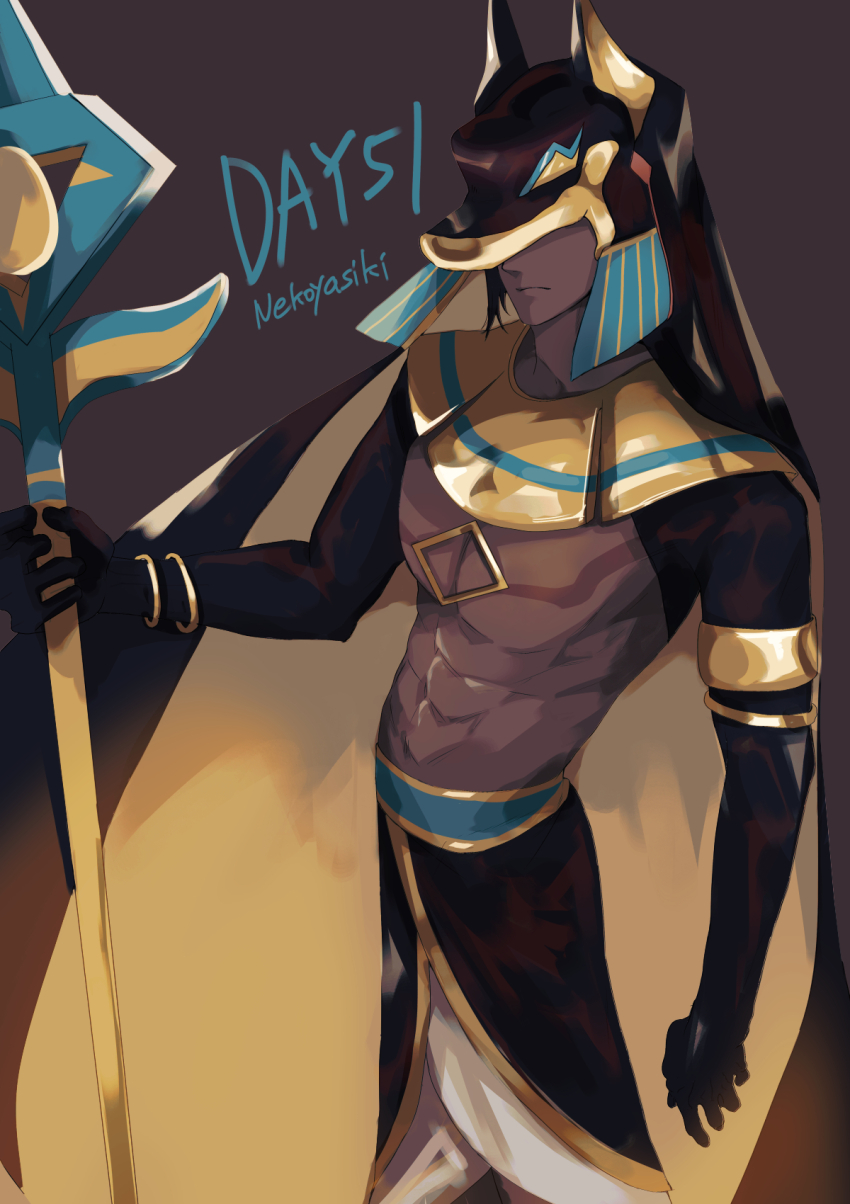 1boy, ancient_egyptian_architecture, ancient_egyptian_clothes, ancient_egyptian_hat, anubis_(mythology), artist_name, blue_hair, burnt_cheese_cookie