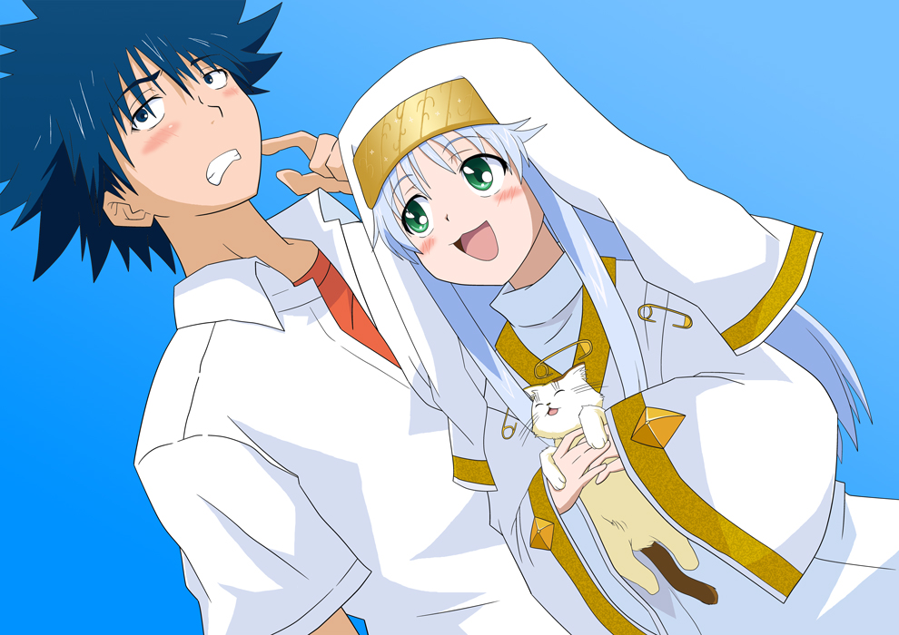 1boy, 1girl, blush, calico_(pattern), calico_cat, cat, couple, galsink