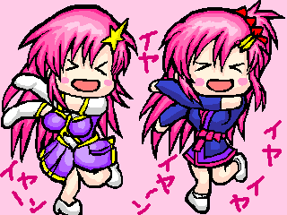 2girls, animated, animated_gif, chibi, chibi_only, crossover, fushigiboshi_no_futago_hime, gundam