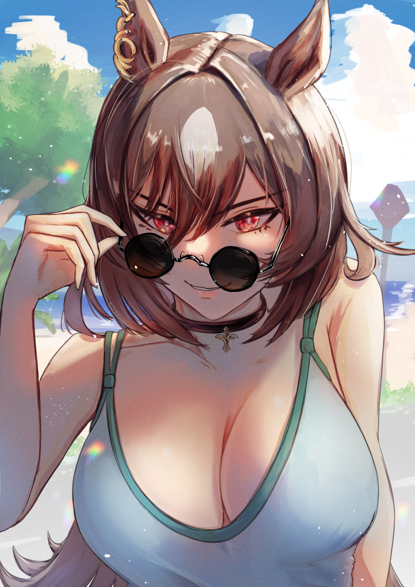 1girl, adjusting_eyewear, alternate_costume, animal_ears, bare_shoulders, black_choker, blue_sky, blush