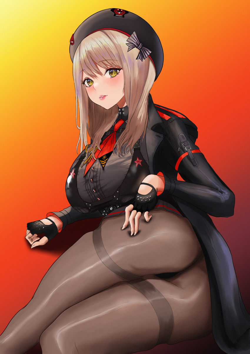 1girl, absurdres, armor, ass, beret, black_gloves, black_pantyhose, black_shirt