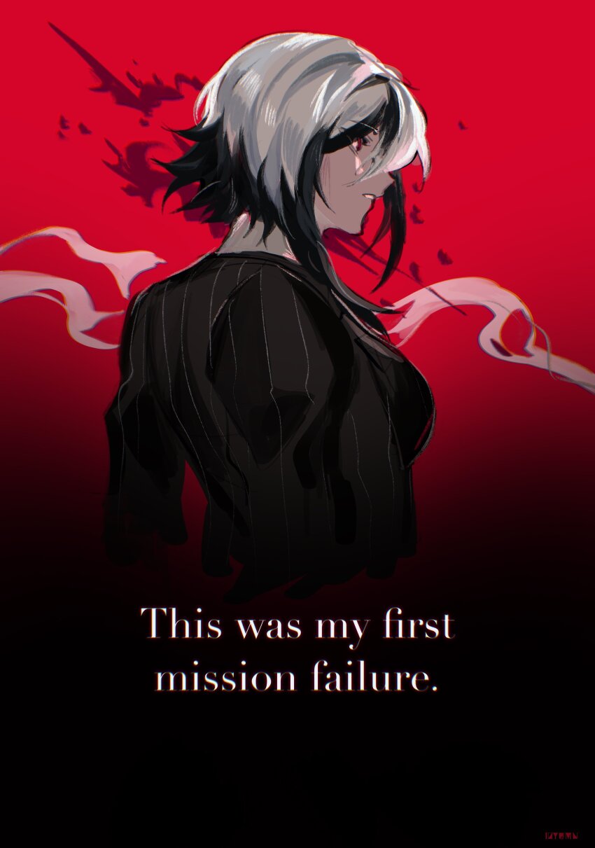 absurdres, arlecchino_(genshin_impact), black_dress, blood, blood_splatter, dress, english_text, genshin_impact