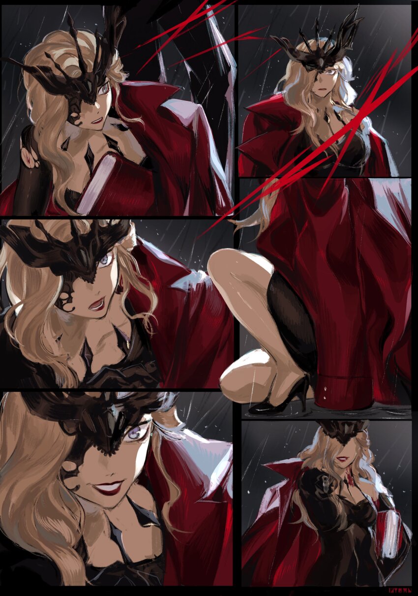 absurdres, arlecchino_(genshin_impact), black_dress, blonde_hair, blue_eyes, cape, dress, earrings