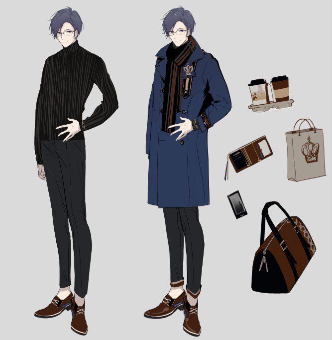 1boy, arm_at_side, bag, black_pants, black_scarf, black_sweater, blue_coat, blue_eyes