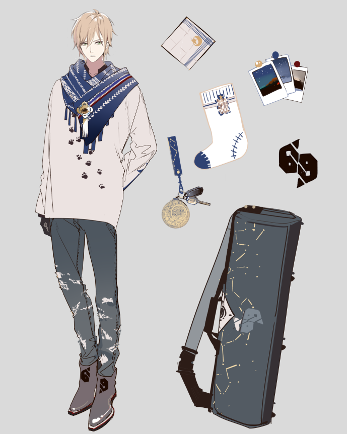 1boy, alkaid_mcgrath, alkaid_mcgrath_(morning_mist), ankle_boots, arm_at_side, arm_behind_back, bag, black_gloves