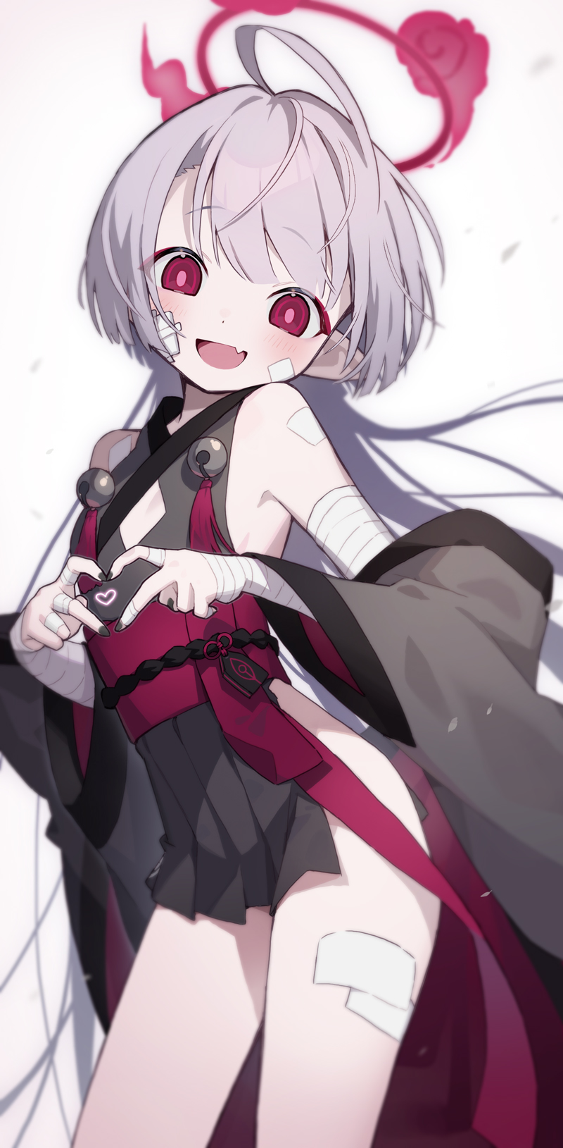 1girl, ahoge, bandaged_arm, bandaged_hand, bandages, bare_shoulders, bell, black_dress