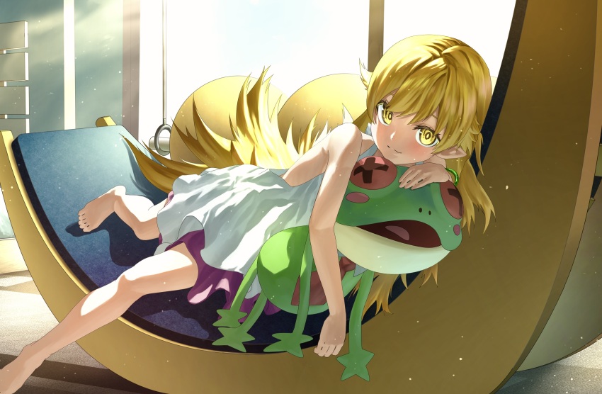 1girl, bakemonogatari, bare_legs, bare_shoulders, barefoot, blonde_hair, blush, bright_pupils, chair, closed_mouth, dress, eyelashes, feet, full_body, glowing, glowing_eyes, hand_up, highres, hugging_object, indoors, legs, long_hair, looking_at_viewer, lying, monogatari_(series), on_chair, on_side, oshino_shinobu, petite, pointy_ears, purple_dress, sidelocks, sleeveless, sleeveless_dress, smile, solo, stuffed_animal, stuffed_frog, stuffed_toy, subbaru, toes, two-tone_dress, very_long_hair, white_dress, yellow_eyes, yellow_pupils