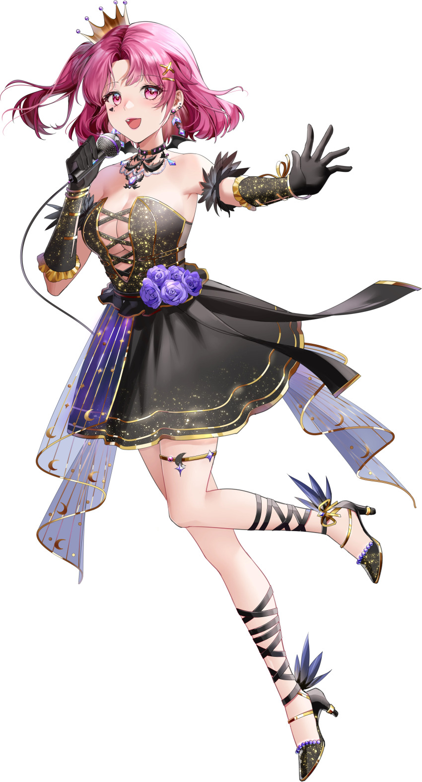 1girl, :d, absurdres, ankle_strap, bare_shoulders, black_choker, black_dress, black_gloves