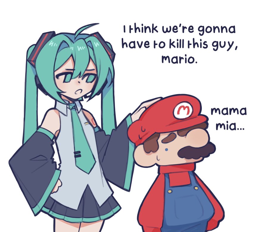 1boy, 1girl, absurdres, ahoge, black_skirt, black_sleeves, blue_overalls, brown_hair, commentary, cowboy_shot, crossover, detached_sleeves, english_commentary, english_text, facial_hair, green_eyes, green_hair, green_necktie, grey_shirt, hair_between_eyes, hair_intakes, hair_ornament, hand_on_another's_head, hat, hatsune_miku, highres, i_think_we're_gonna_have_to_kill_this_guy_steven_(meme), long_hair, long_sleeves, looking_at_another, mario, mario_(series), maty_(sesamii.seed), meme, mustache, necktie, nintendo, overalls, pleated_skirt, red_headwear, shirt, simple_background, skirt, sleeveless, sleeveless_shirt, standing, twintails, very_long_hair, vocaloid, white_background