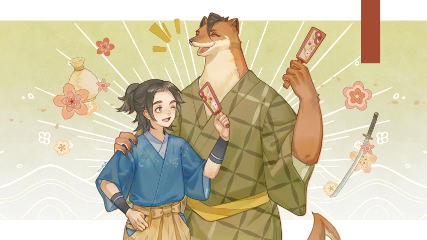 2boys, animal_ears, anmaki, black_hair, bottle, closed_eyes, commentary_request, furry