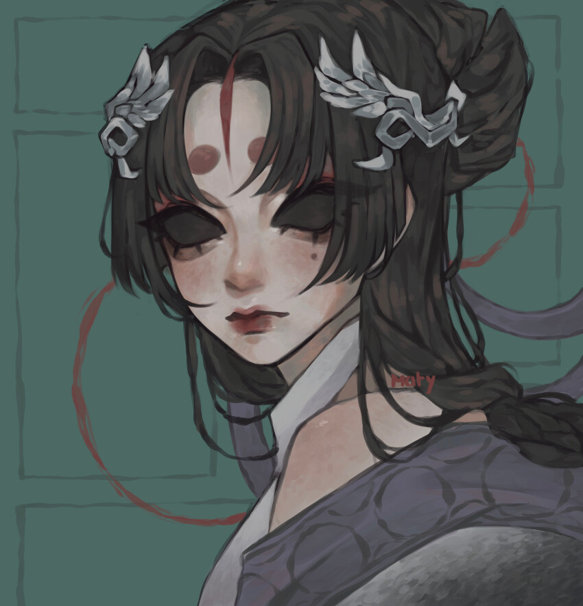 1girl, absurdres, black_hair, black_sclera, blank_eyes, breasts, brown_lips, colored_sclera